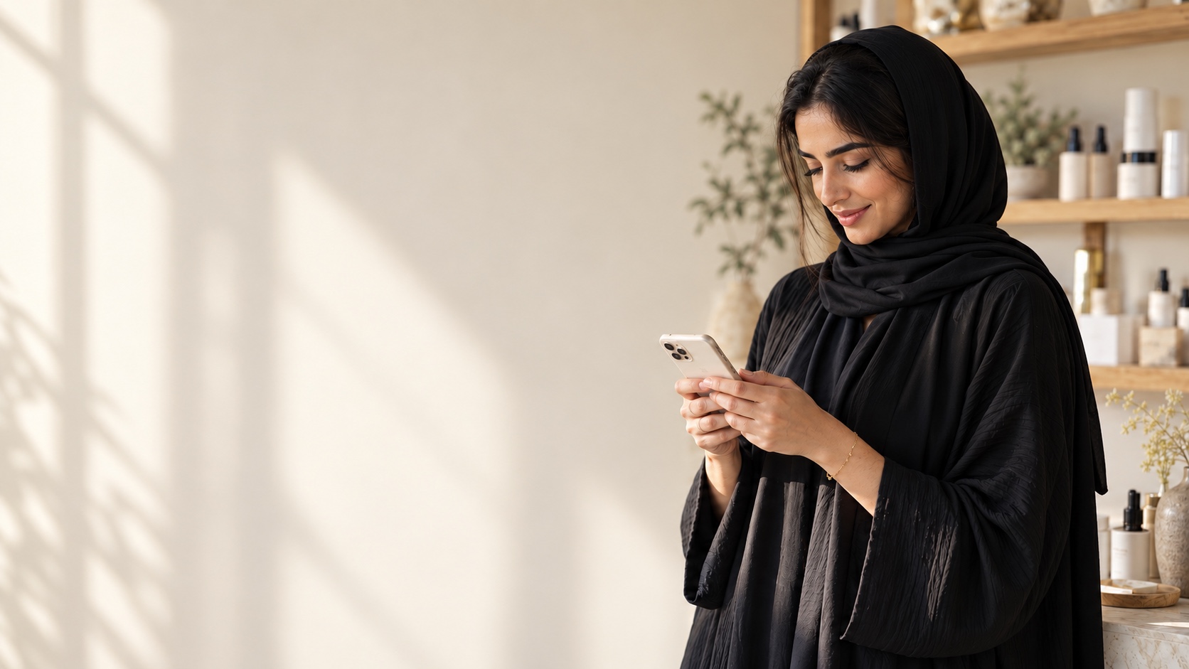 A skincare brand founder in her Dubai studio, checking a payment on her phone