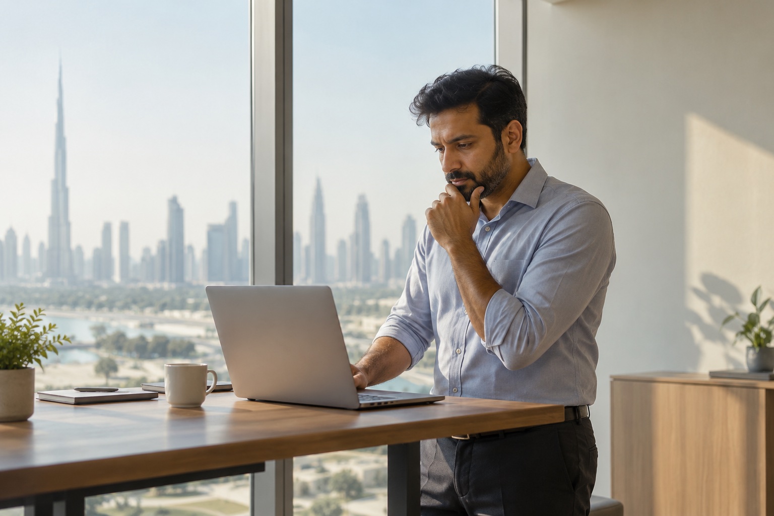 An operations lead at a standing desk reviewing processor performance